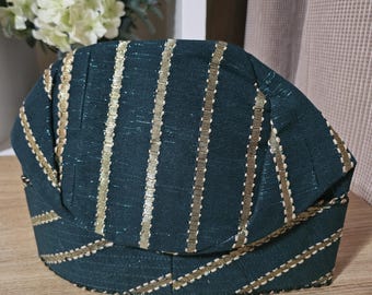 New Nigeria  Emerald Green with Gold Stripe Men&#39;s  Cap/Fila in Aso Oke.  Matching Gele/lpele available for women