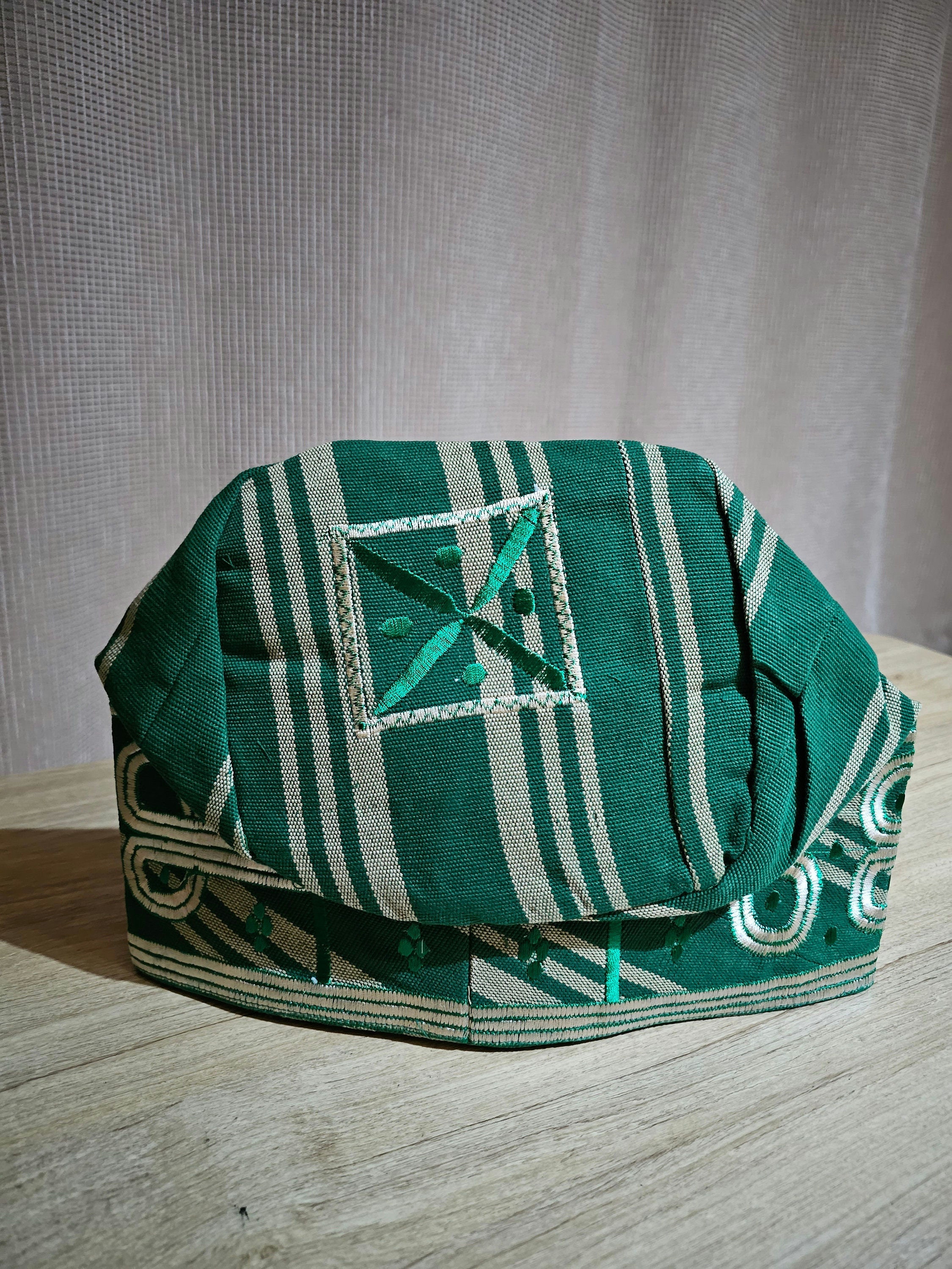 New Nigeria Green Aso Oke With Embroidery Men's Cap/fila