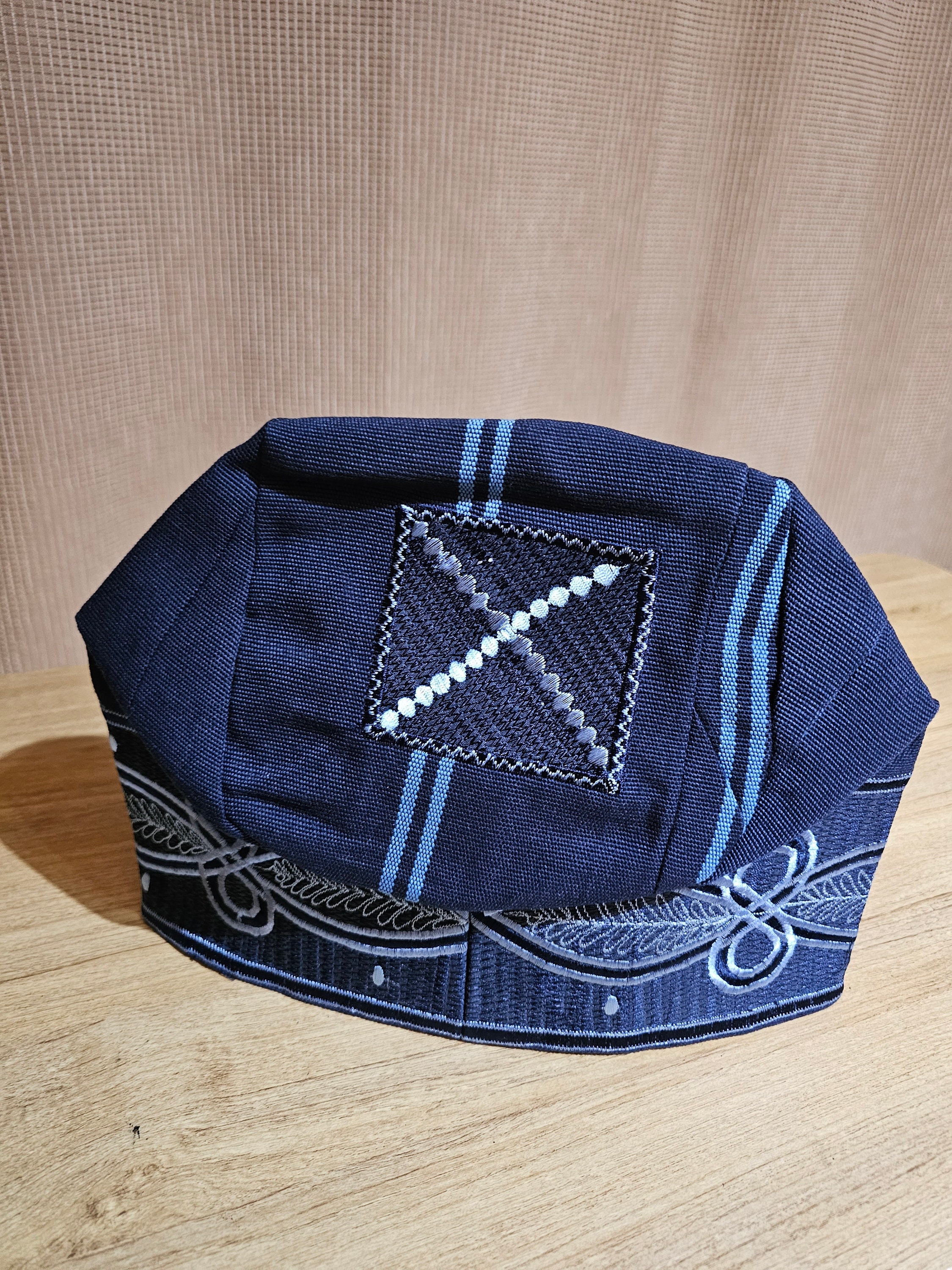 New Nigeria  Navy Blue Aso Oke Embroidery Cap/Fila for men ."ETU "