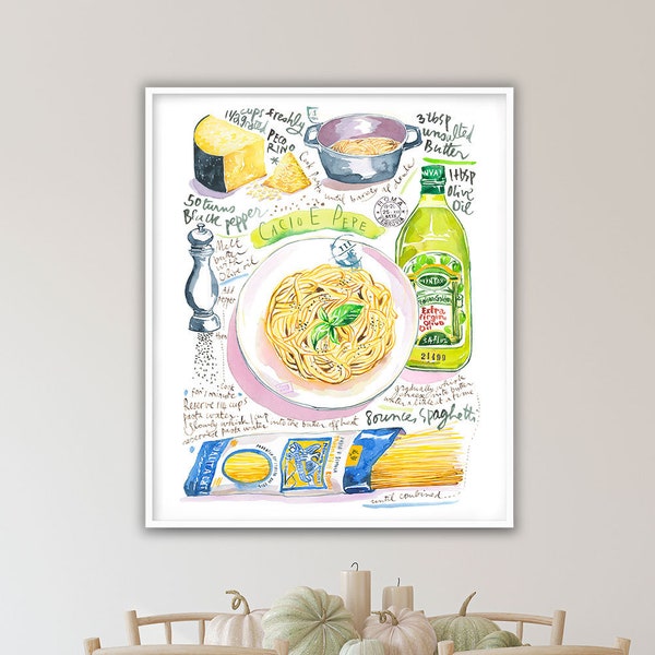 Large Italian pasta recipe print, Italy wall art, Watercolor painting, Europe artwork, Spaghetti poster, Kitchen decor, Food illustration