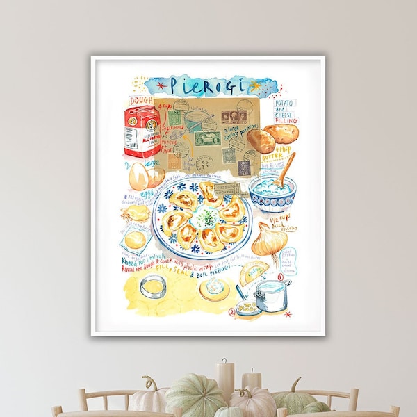 Large Pierogi recipe poster, Eastern European kitchen wall art, Polish heritage print, Watercolor painting, Polish restaurant decor, Polska