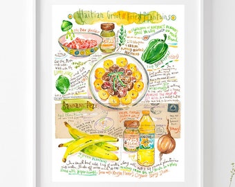 Large Haitian Griot and Fried Plantain recipe poster, Haiti kitchen art, Caribbean food print, Watercolor painting, Wall art, Creole cuisine