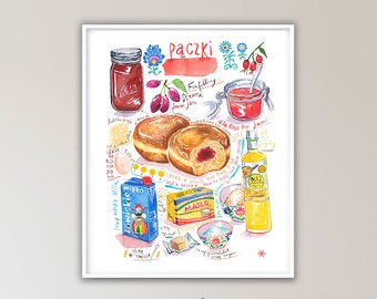 Large Paczki recipe art print, Polish food poster, Watercolor painting, Poland wall art, Bakery artwork, European cuisine, Restaurant decor