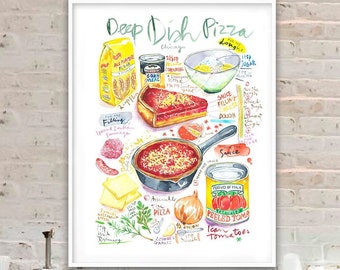 La Pizza de Chicago, Illinois, Recette illustrée à l'aquarelle, Décor restaurant USA, Art culinaire des États-Unis, Grande affiche cuisine