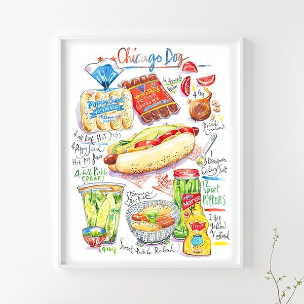 Le Hot Dog de Chicago, Affiche aquarelle, Décoration cuisine thème USA, Grand poster illustration recette américaine, Art mural restaurant