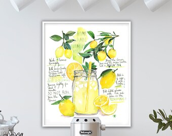 Large Homemade Lemonade recipe poster, Yellow kitchen art, Watercolor painting, Bright dining room decor, Citrus illustration, Lemon print