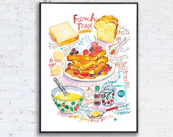 Large French Toast recipe poster, Watercolor painting gift, Kitchen art, Bakery artwork, Dessert wall hanging, Food print, Restaurant decor