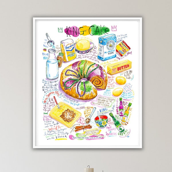 Affiche recette gâteau des Rois de la Nouvelle Orléans, Décor mural Louisiane, Poster pour restaurant, Pâtisserie USA, Aquarelle cuisine