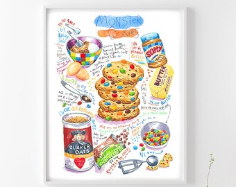 Large Monster Cookie recipe poster, Watercolor painting, Wall art for restaurant, Bakery wall hanging, Kids room decor, Colorful food  print