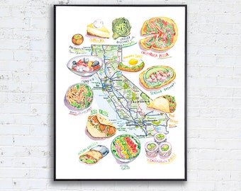 Large California food map poster, Golden State art, West Coast cuisine, Watercolor painting, Kitchen art, Restaurant decor, Colorful print