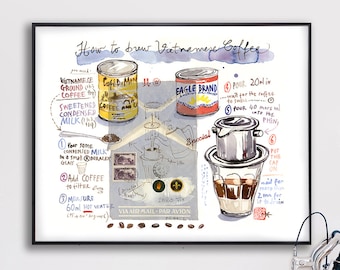 Large Vietnamese coffee recipe art print, Horizontal poster, Vietnam cuisine artwork, Asian kitchen decor, Watercolor painting, Brew coffee