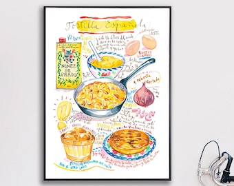 Large Tortilla Espanola recipe poster, Kitchen print, Food artwork, Spanish restaurant decor, Watercolor painting, Large size wall hanging