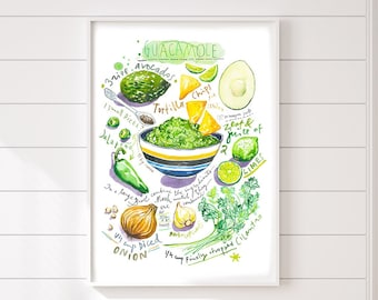 Guacamole recipe poster, Watercolor painting, Mexican kitchen wall art, Large restaurant decor, Foodie gift, Green and white dining artwork