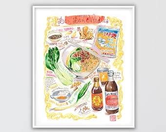 Large Chinese noodle recipe poster, Kitchen wall art, Asian restaurant decor, Watercolor painting print, Chinese food artwork, Asian gift