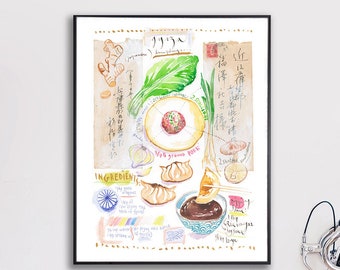 Large Dumpling recipe poster, Japanese Gyoza watercolor painting, Kitchen art, Cook in Japan, Restaurant wall decor, Asian food art print