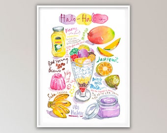 Large Filipino food print, Halo-Halo recipe poster, Watercolor painting, Indonesian restaurant decor, Wall hanging, Indonesia kitchen print