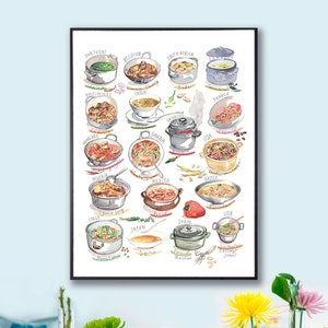 Large Food around the world poster, Soups and Stews, Artwork for kitchen wall, Watercolor painting, Cooking print, Restaurant wall decor