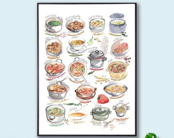 Large Food around the world poster, Soups and Stews, Artwork for kitchen wall, Watercolor painting, Cooking print, Restaurant wall decor