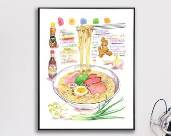 Large Ramen recipe poster, Japanese noodle print, Cooking Watercolor painting, Japan food artwork, Asian restaurant decor, Kitchen wall art