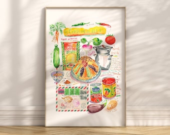 Le Couscous du Bled, Affiche cuisine du Maghreb, Aquarelle, Recette illustrée, Algérie, Maroc, Tunisie, Décor mural cuisine méditerranéenne