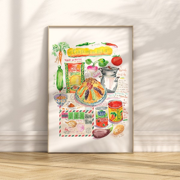 Large Couscous recipe poster, Wall art, Watercolor painting, Colorful kitchen print, Algeria food artwork, Mediterranean restaurant decor