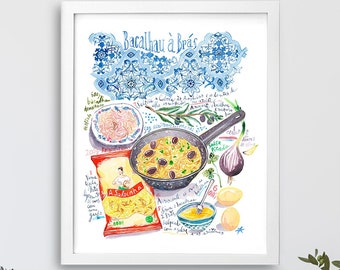 Large Portuguese Bacalhau recipe poster, Portugal food print, European kitchen art, Watercolor painting, Restaurant wall art, Portugal gift