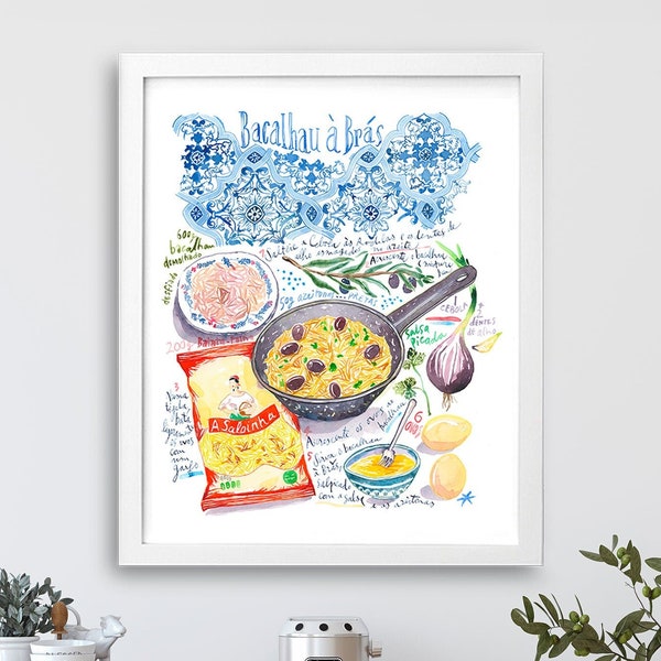 Affiche Recette Bacalhau, Cuisine portugaise, Décoration murale, Illustration aquarelle, Poster grand format, Cadeau Portugal, Art portugais