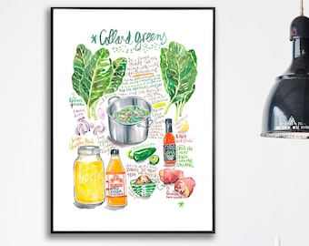 Large Southern Collard Greens recipe poster, Green kitchen print, Soul food wall art, Watercolor painting, South Carolina cooking artwork,