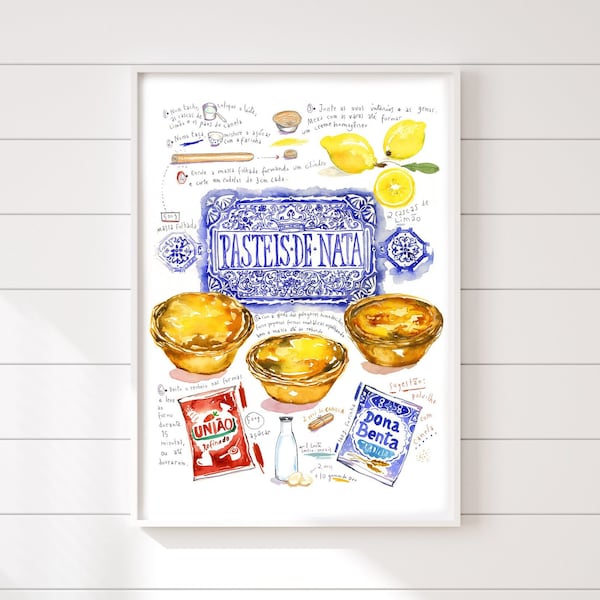 Affiche dessert portugais, Les Pasteis de Nata, Illustration à l'aquarelle, Décor cuisine Portugal, Art culinaire, Décoration murale bleue