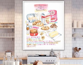 Large Chocolate Chip Cookie recipe poster, Kitchen art print, Bakery artwork, Watercolor painting, Dining room decor, Restaurant wall art