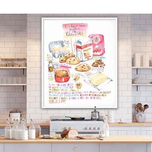 Large Chocolate Chip Cookie recipe poster, Kitchen art print, Bakery artwork, Watercolor painting, Dining room decor, Restaurant wall art
