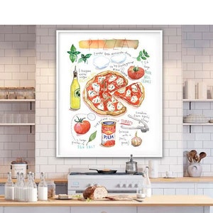 Large Pizza poster, Watercolor painting, Italy themed Kitchen wall art, Italian restaurant decor, Pizza art print, Red dining room food art image 1