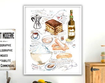 Large Italian Tiramisu recipe poster, Italy food print, Watercolor painting, European kitchen art, Italian restaurant decor, Dessert artwork