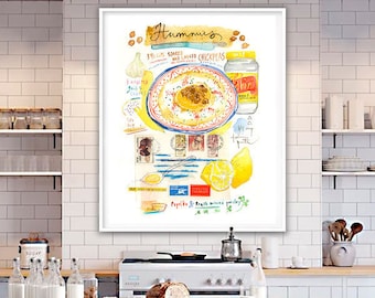 Large Hummus recipe print, Watercolor painting, Jewish food artwork, Kitchen art, Israeli restaurant decor, Mediterranean big size poster,