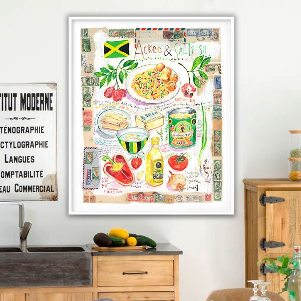 Affiche recette cuisine jamaïcaine, Aquarelle, Illustration culinaire Jamaïque, Grand décor mural pour cuisine, Poster peinture Caraïbes