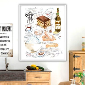 Large Italian Tiramisu recipe poster, Italy food print, Watercolor painting, European kitchen art, Italian restaurant decor, Dessert artwork