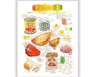 Large Latin American food poster, Empanada recipe print, Watercolor painting, Kitchen wall art, South America cooking artwork, Mexico decor