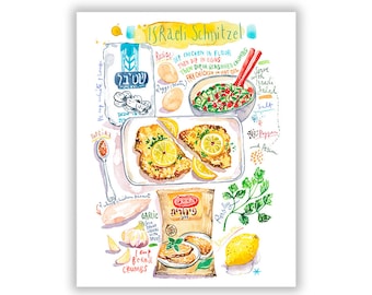 Large Israeli Schnitzel recipe wall art, Kitchen decor, Watercolor painting, Israel cuisine print, Food illustration poster, Colorful art