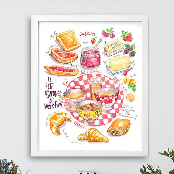 Large Breakfast menu in France poster, French kitchen wall art print, Watercolor Coffee shop decor, Foodie gift, Tea and croissant poster