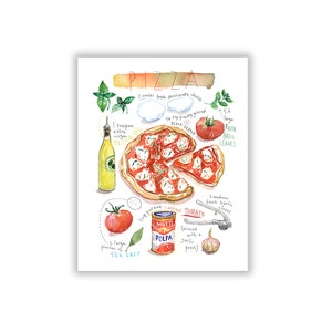 Large Pizza poster, Watercolor painting, Italy themed Kitchen wall art, Italian restaurant decor, Pizza art print, Red dining room food art image 2