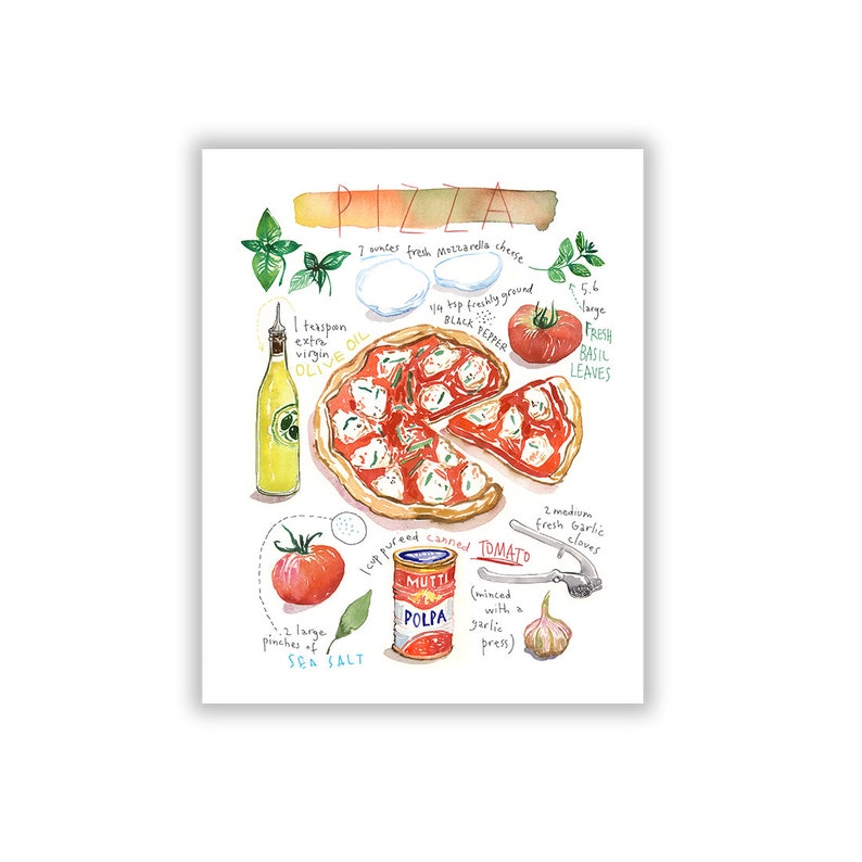 Large Pizza poster, Watercolor painting, Italy themed Kitchen wall art, Italian restaurant decor, Pizza art print, Red dining room food art image 2