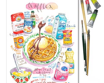 Custom recipe print, Watercolor personalized food-themed kitchen wall art, Printable hand painted childhood memories gift for family members