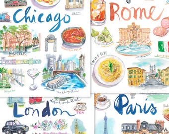 Custom City fine art print, Watercolor painting of your travel, Personalized hometown artwork, Office decor, Geography wall art, Moving gift