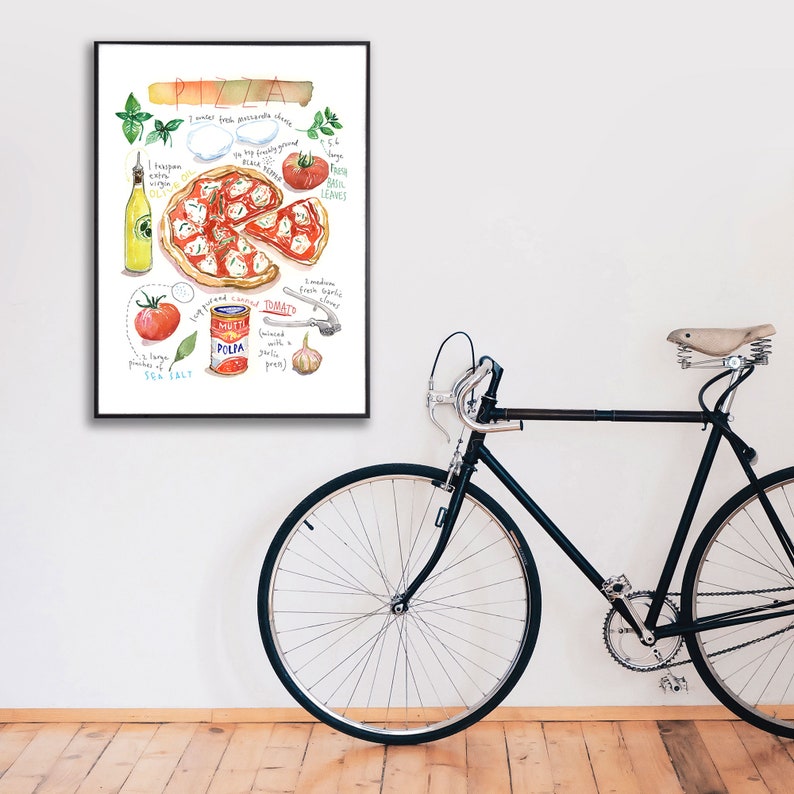 Large Pizza poster, Watercolor painting, Italy themed Kitchen wall art, Italian restaurant decor, Pizza art print, Red dining room food art image 7