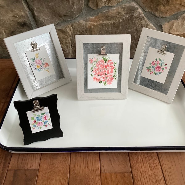 Tiny original floral watercolor art; cottage, farmhouse, shabby chic; wood and galvanized frame; women, girls, sister, niece gift.