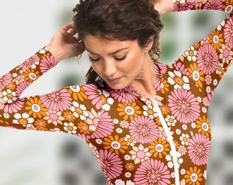 70s Long Sleeve Swimsuit, Floral Surfer Suit, One Piece Women Bodysuit, Summer Beachwear Bathing Suit, Sunflower Rashguard Sun Protection