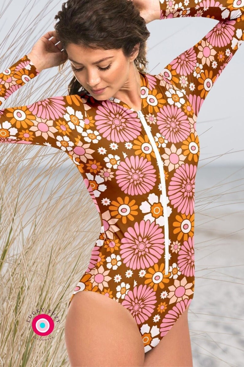 70s One Piece Swimsuit Women, Long Sleeve Floral Bathing Suit