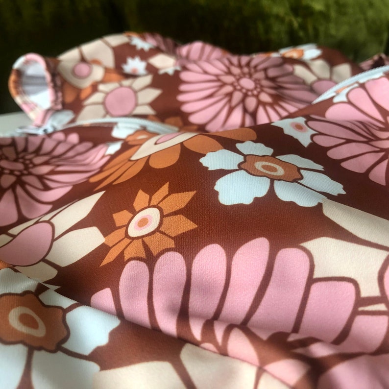 Retro 70s Floral One Piece Swimsuit Women Long Sleeve Rash Guard - Closeup - Shop Lucky Suzy on Etsy