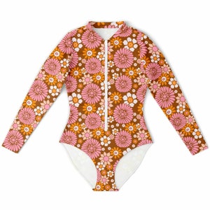 Retro 70s Floral One Piece Swimsuit Women Long Sleeve Rash Guard - Layflat Front - Shop Lucky Suzy on Etsy
