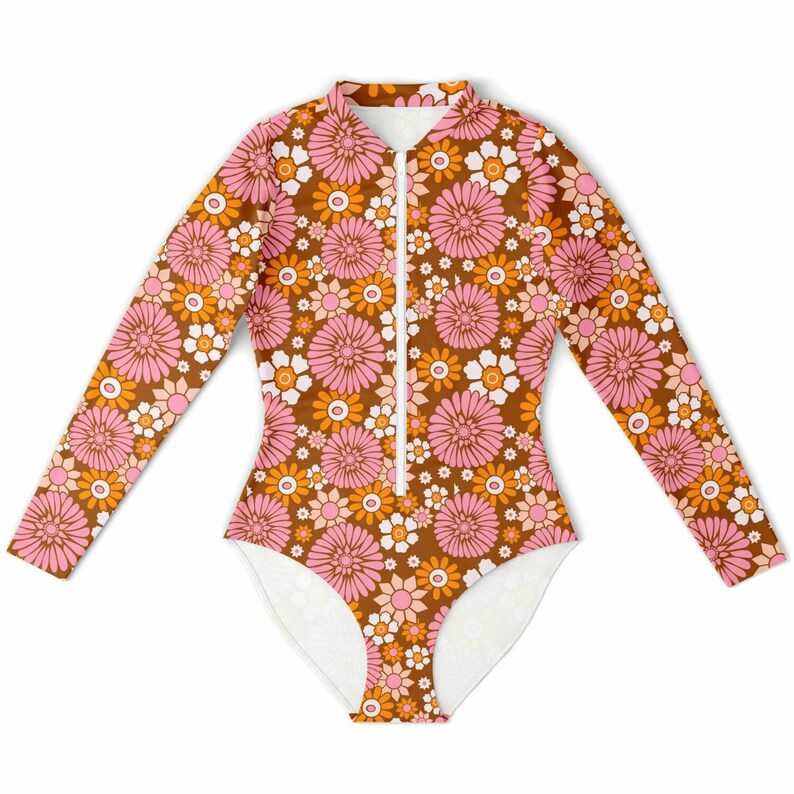 Retro 70s Floral One Piece Swimsuit Women Long Sleeve Rash Guard - Layflat Front - Shop Lucky Suzy on Etsy